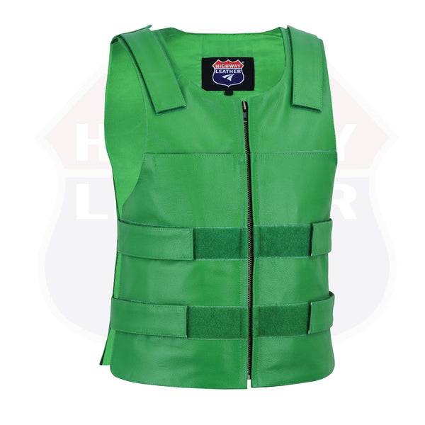 HL11643 Green Men Bulletproof Style tactical street leather vest Zippered For Biker Club HighwayLeather