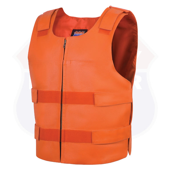 HL11643 Men s Orange Bulletproof Leather Vest Perfect for Biker Clubs HighwayLeather