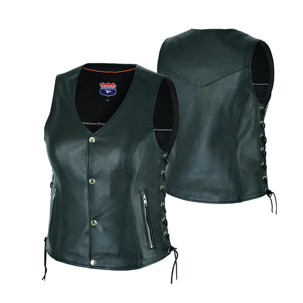 HL14851SPT Black Women's Lace up side leather motorcycle vest