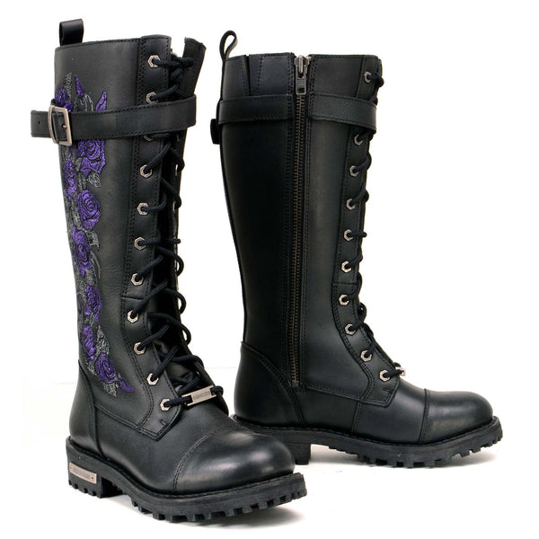 Milwaukee Leather MBL9357 Women s Black 14 Tall Motorcycle Boots Lace Up High Rise Purple Embroidered Leather Shoe HighwayLeather