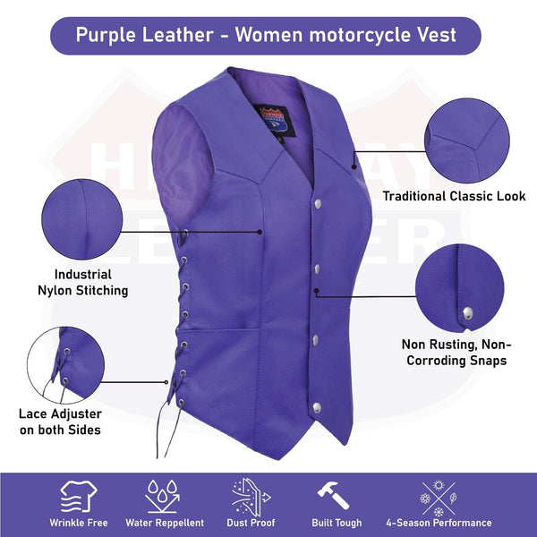 Royal Purple lace up side Leather Vest for Motorcycle clubs