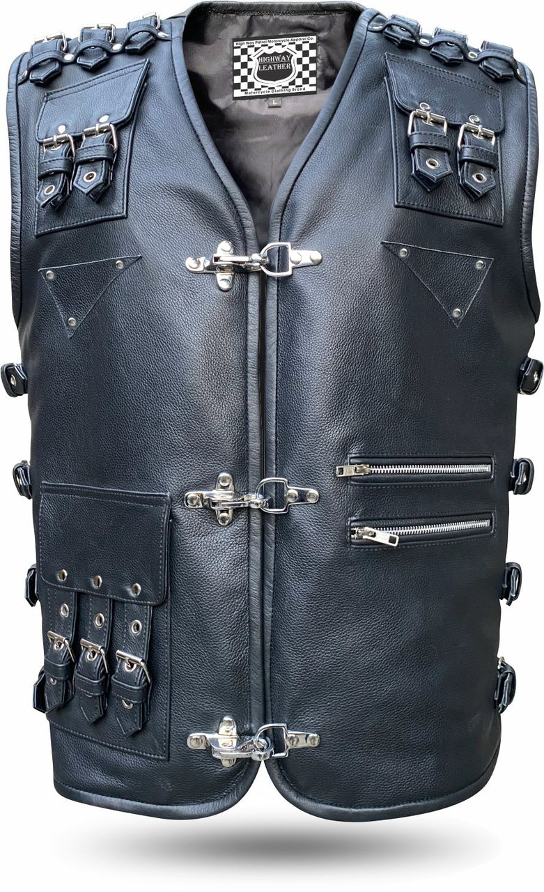 HL11654BLACK Heavy Metal Rocker Biker Waistcoat Motorcycle Leather Vest - HighwayLeather