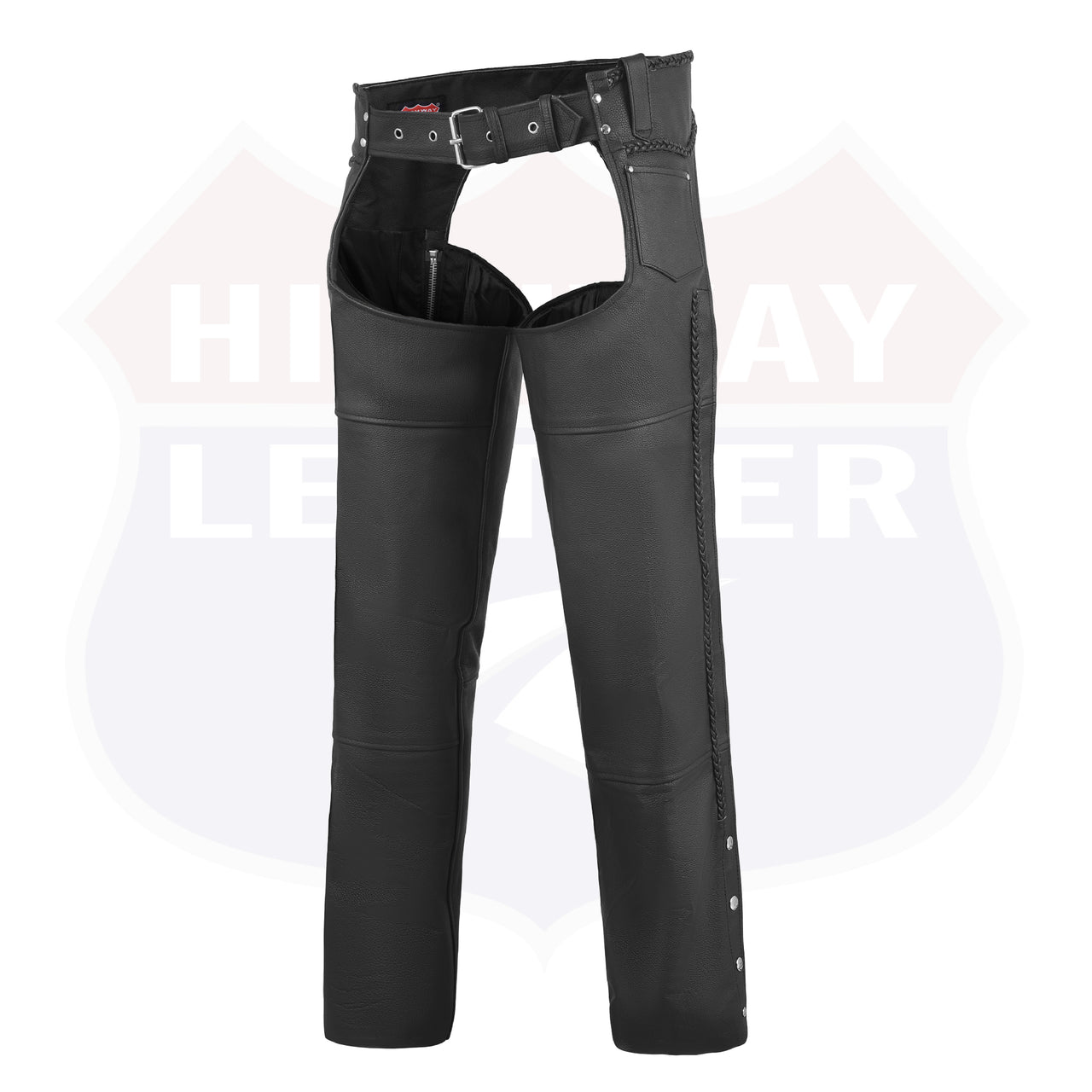 HL12800BRAIDED Basic Classic BLACK Style Leather Motorcycle Chap for Motorcycle Riding Plain Easy Fit - HighwayLeather