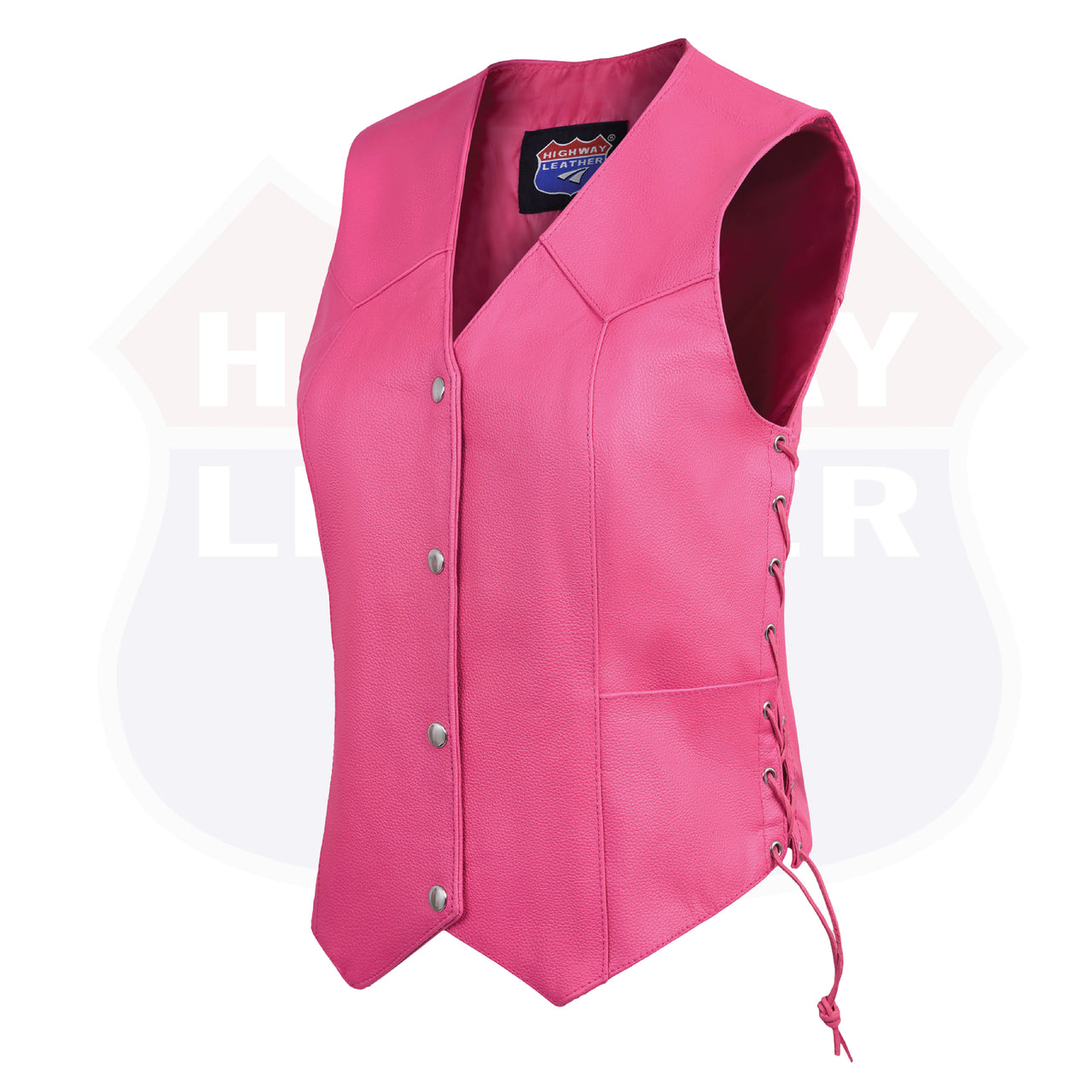 HL14501 HotPink Women's HotPink color side laced Leather Vest with Gun pockets for clubs - HighwayLeather