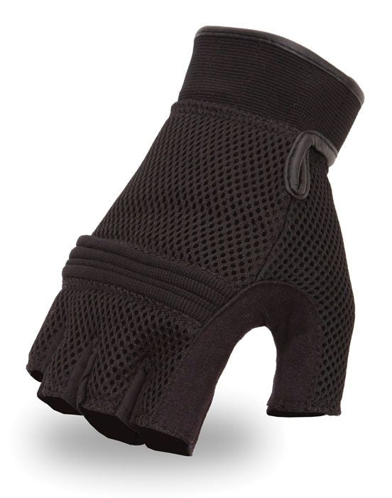 Men's Black Perforated Mesh Gel Palm Fingerless Motorcycle Hand Gloves