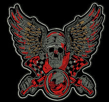 skull wings riding red bike  12x12 - HighwayLeather