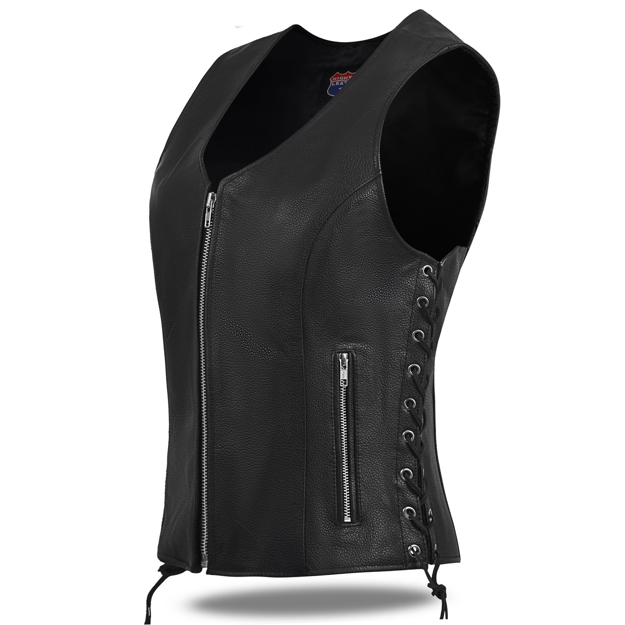 HL14855SPT Black Women's Side Lace Front Zipper leather motorcycle Vest - HighwayLeather