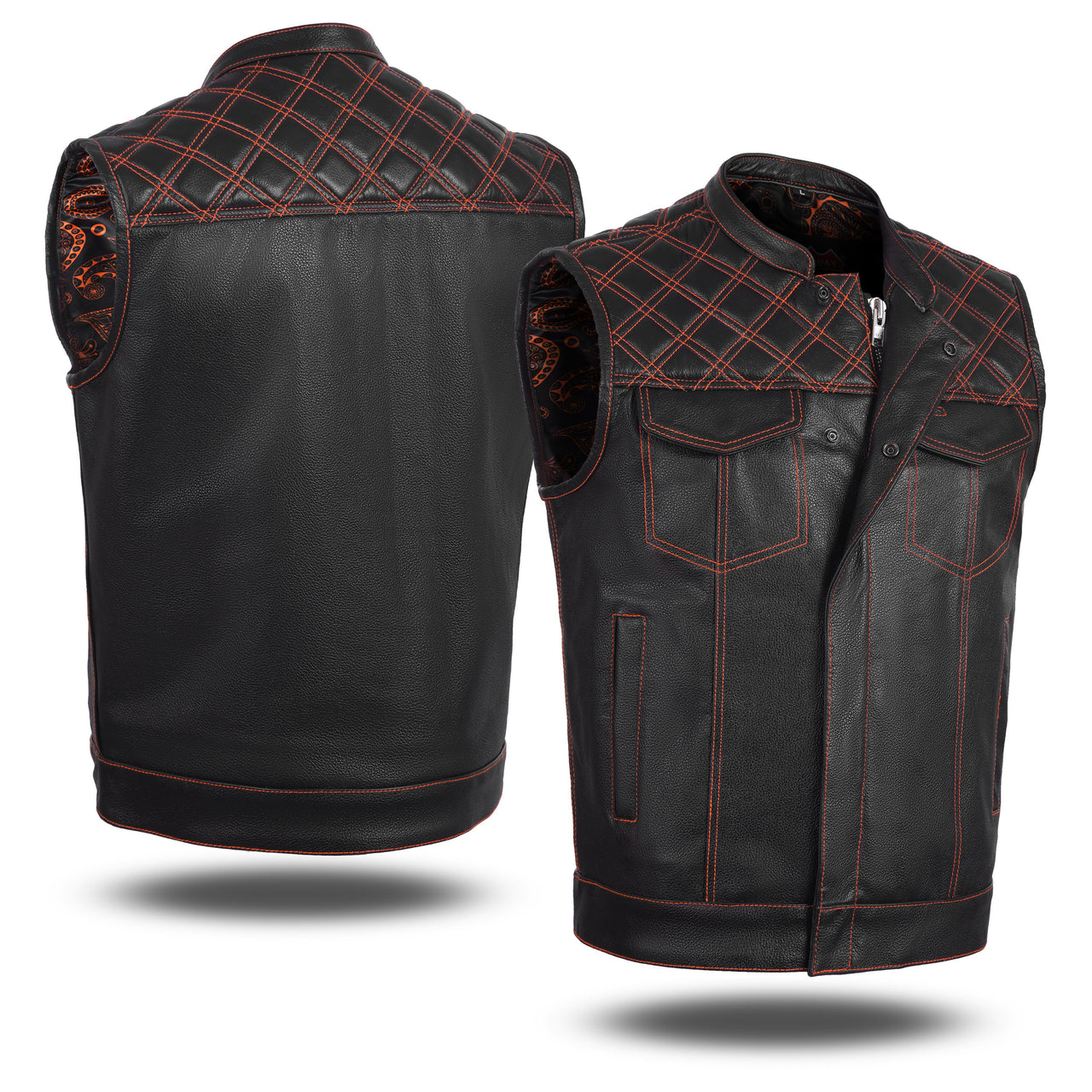 ORANGE HL11693SPTORANGE  Black Men Cross Stitch Club Leather Vest - HighwayLeather