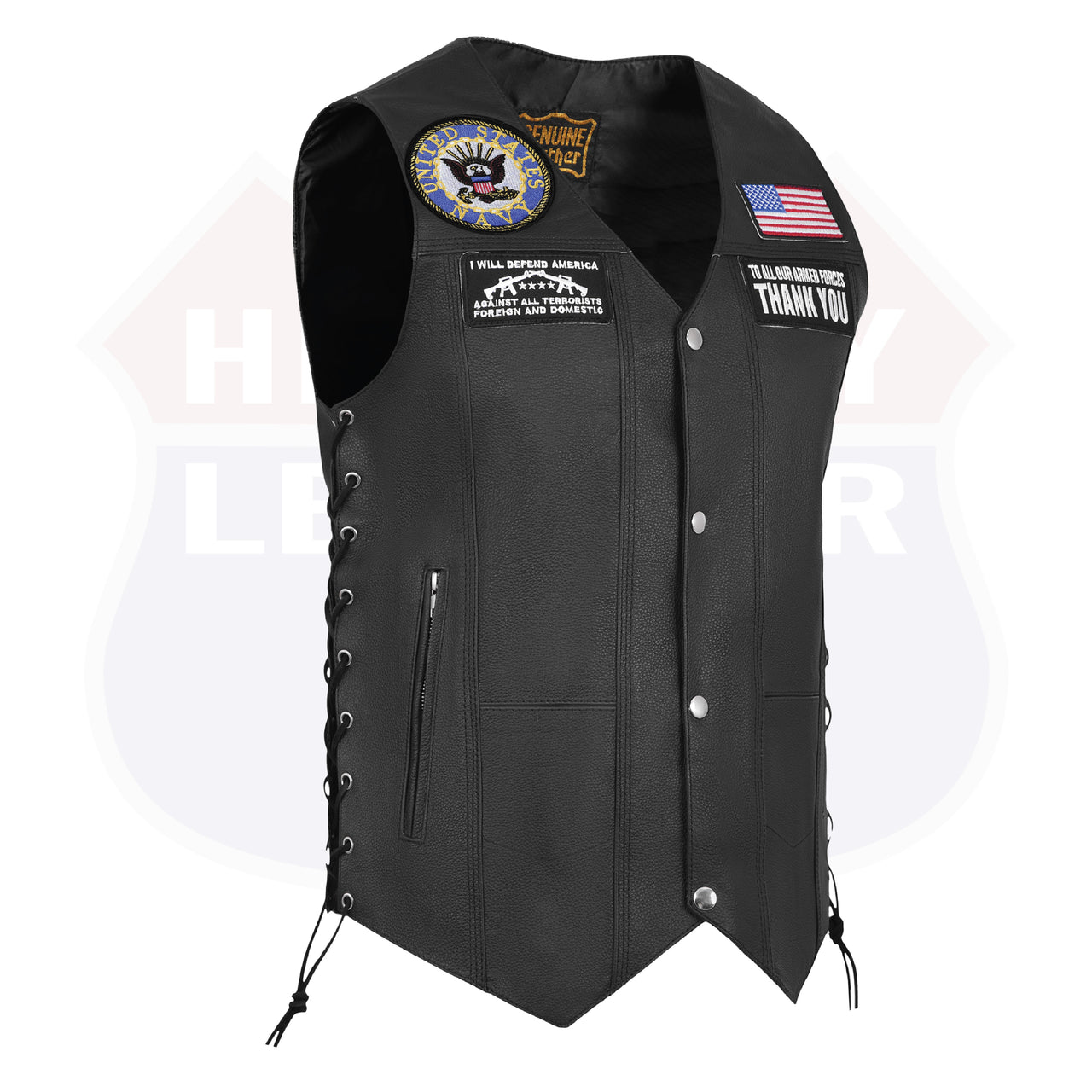 HL3540NAVY Black Men's Genuine Leather 10 Pockets Motorcycle Biker Vest ANARCHY Black SOA - HighwayLeather