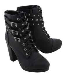 Milwaukee Performance MBL9417 Women's Black Lace-Up Boots with Triple Strap Studded Accents - HighwayLeather