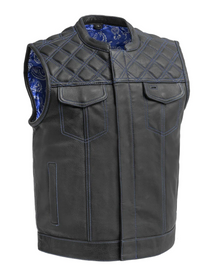 BLUE HL11693SPTBLUE  Black Men Cross Stitch Club Leather Vest - HighwayLeather