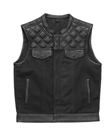 1/2 Black HL21664HFBLACK Men Cross Stitch Half Leather Half Canvas Club Motorcycle Vest - HighwayLeather