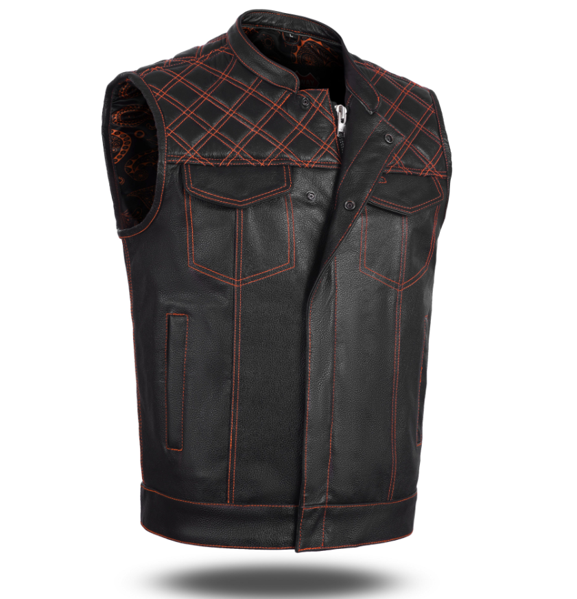 ORANGE HL11693 MEN CROSS STITCH CLUB LEATHER  VEST - HighwayLeather