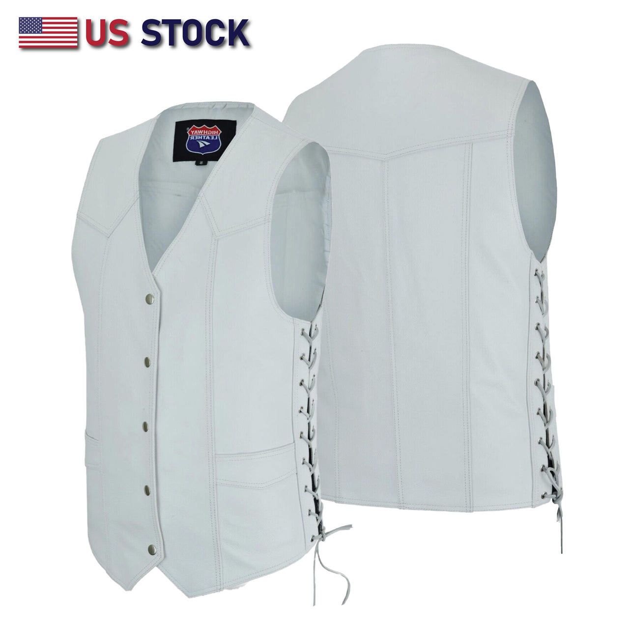 HL11614WHITE Men Side Lace Leather WHITE Vest Traditional - HighwayLeather