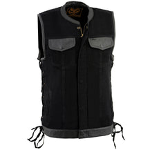 Milwaukee Leather MDM3011 Men's Black 'Hidden Zipper' Side Lace Denim Vest with Leather Trim