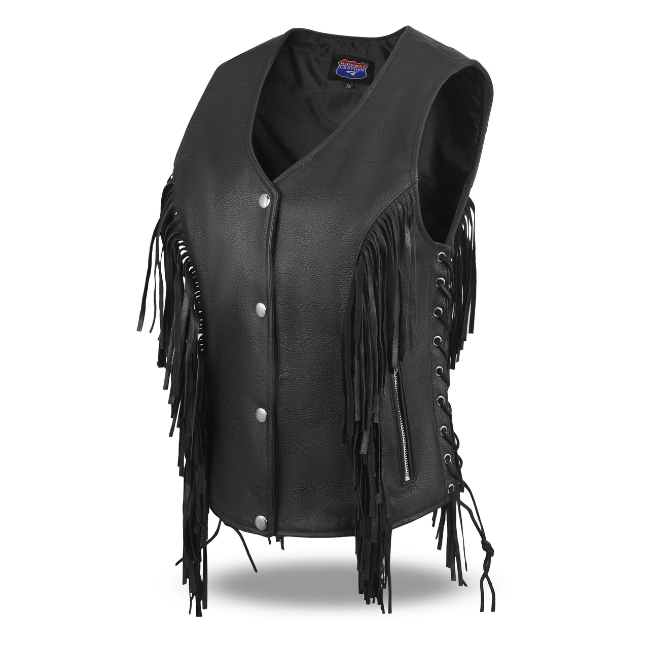 HL14858FRINGE WOMEN SIDE LACE VEST M/O BUFFALO LEATHER BLACK - HighwayLeather