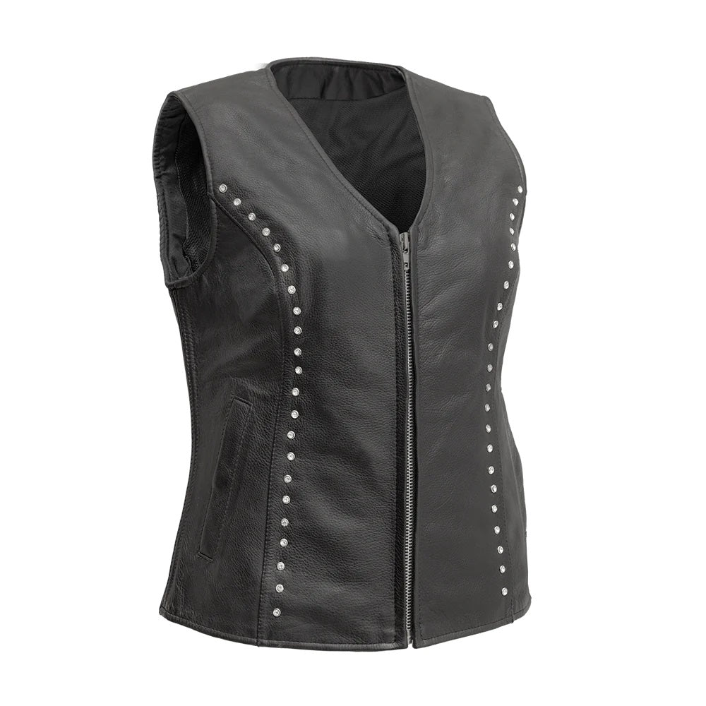 Studded HL14857Stud Black Women's Side stretch leather motorcycle vest - HighwayLeather