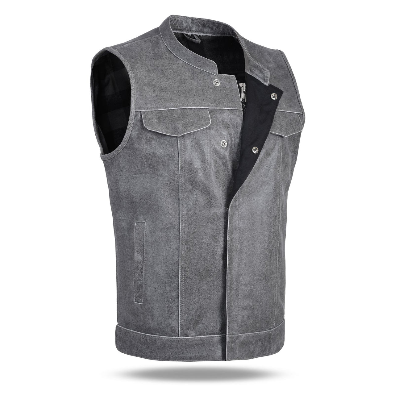 HL3540SPT Grey Men's Genuine Leather 10 Pockets Motorcycle Biker Vest ANARCHY Grey SOA - HighwayLeather