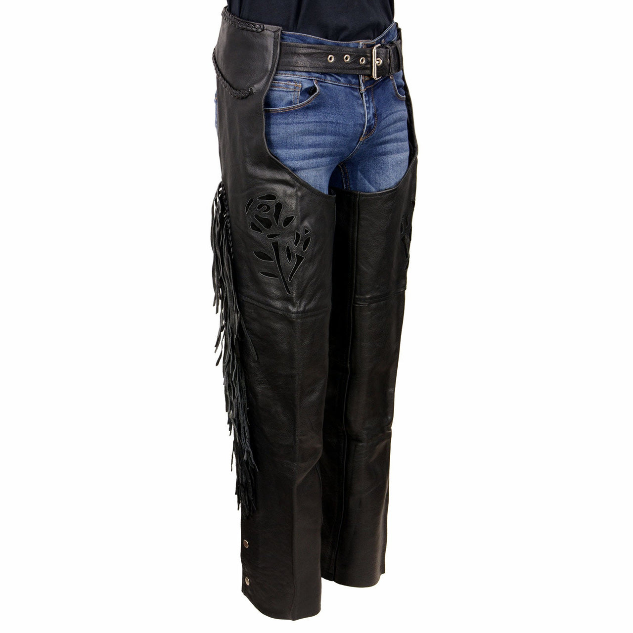 Milwaukee Leather SH1116 Women's Classic Braided & Fringed Black Leather Motorcycle Chaps w/ Black Rose Embroidery