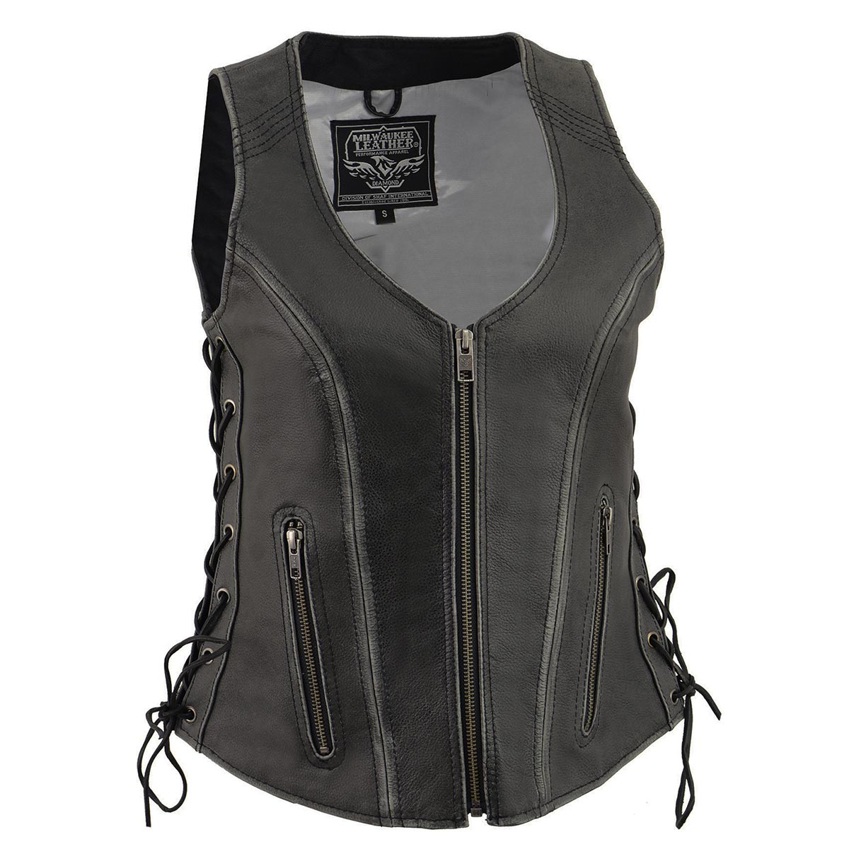 Milwaukee Leather MLL4531 Women's Distress Grey Leather Open V-Neck Side Lace Stitching Detail Motorcycle Rider Vest