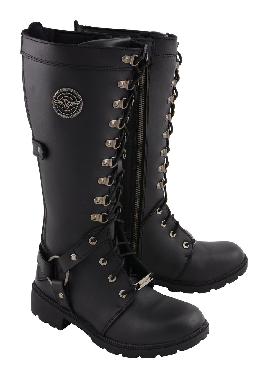 Milwaukee Leather MBL9380 Women's Black 'Jane' 15-inch Leather Combat Style Harness Boots