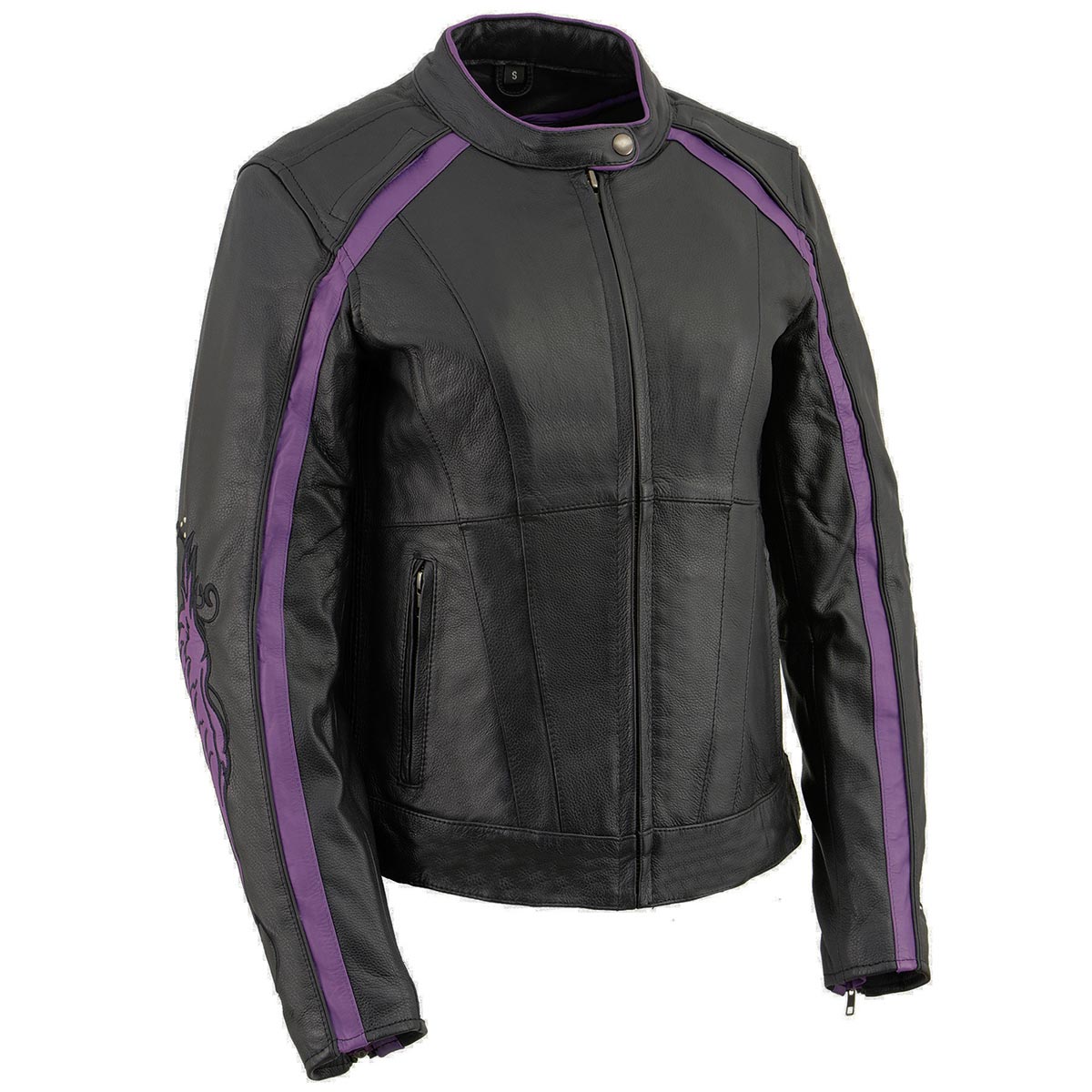 PURPLE Leather ML1952 Women s Black and Purple Embroidered and Stud Design Scooter Jacket