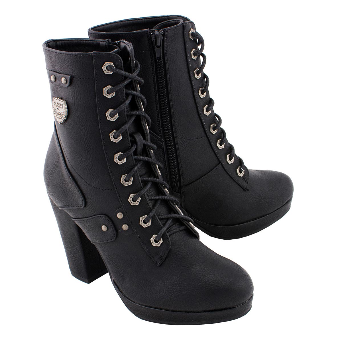 Milwaukee Performance MBL9418 Women's Black Lace-Up Platform Boots with Studded Accents