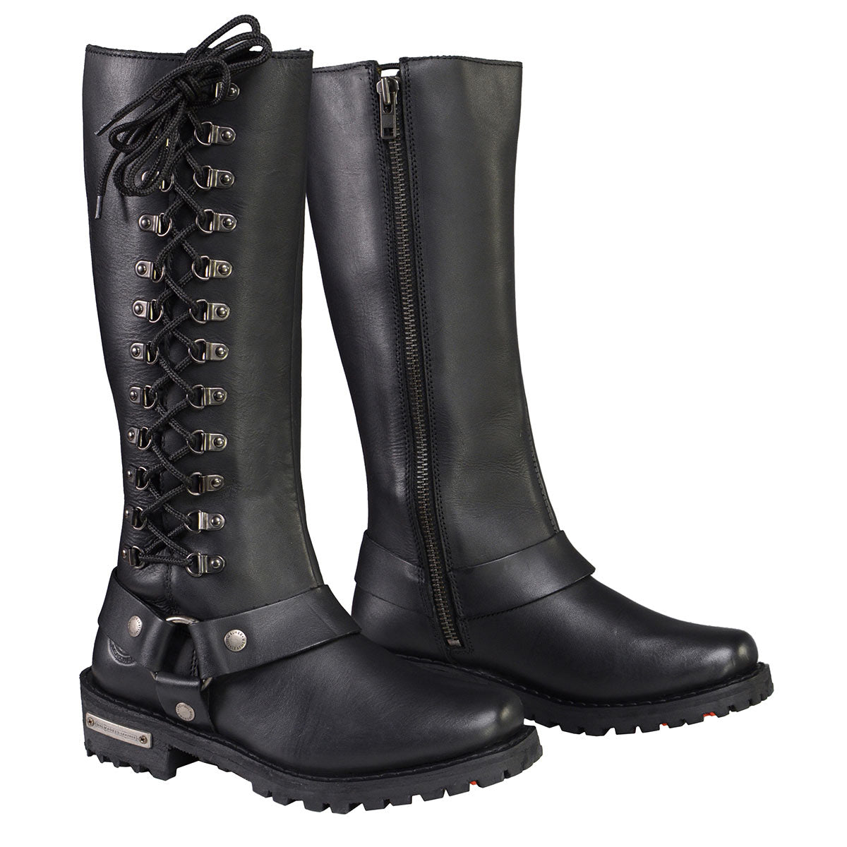 Milwaukee Leather MBL9365 Ladies Black 14-Inch Classic Harness Square Toe Leather Tall Boots with Lacing Detail