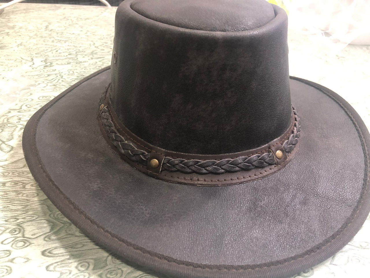 HL80112 BROWN - Handcrafted Brown Leather TOP HAT shapeable brim - HighwayLeather