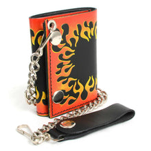 Milwaukee Leather MLW7832 Men's 4” Leather “Flamed” Tri-Fold Biker Wallet w/ Anti-Theft Stainless Steel Chain