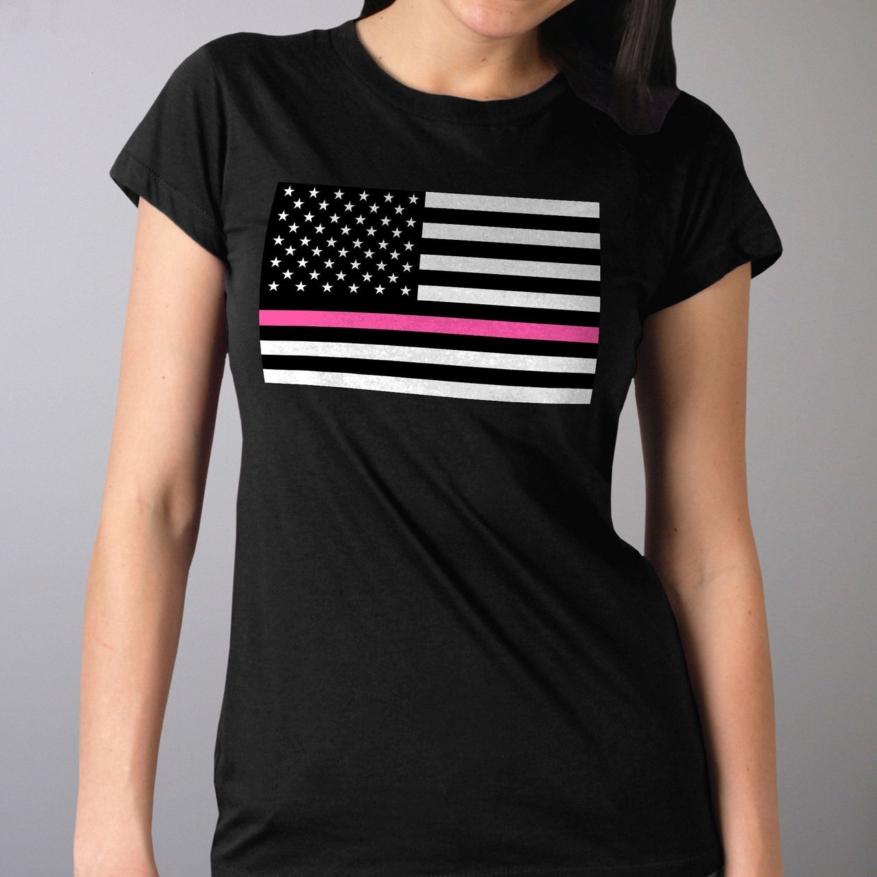 Hot Leathers GLR1515 Ladies Full Cut Thin Pink Line American Flag Black T-Shirt