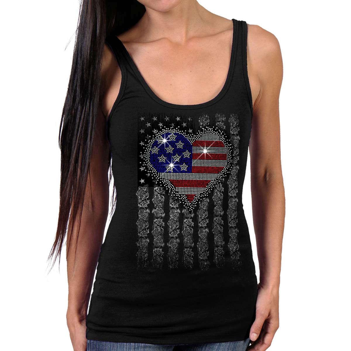 Hot Leathers GLR2559 Ladies Black Heart Bling Flag Tank Top