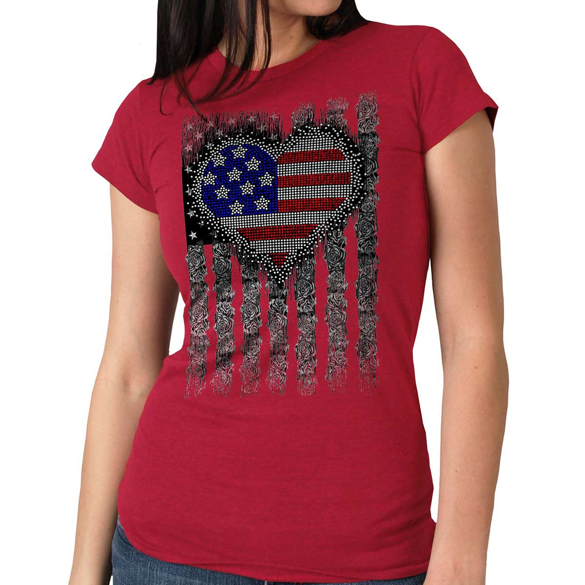 Hot Leathers GLC1558 Ladies Antique Cherry Heart Bling Flag Shirt