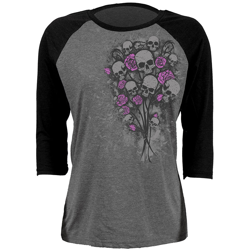 Hot Leathers GLC3529 Ladies Gray and Black Skull Bouquet Raglan 3/4 Sleeve Shirt