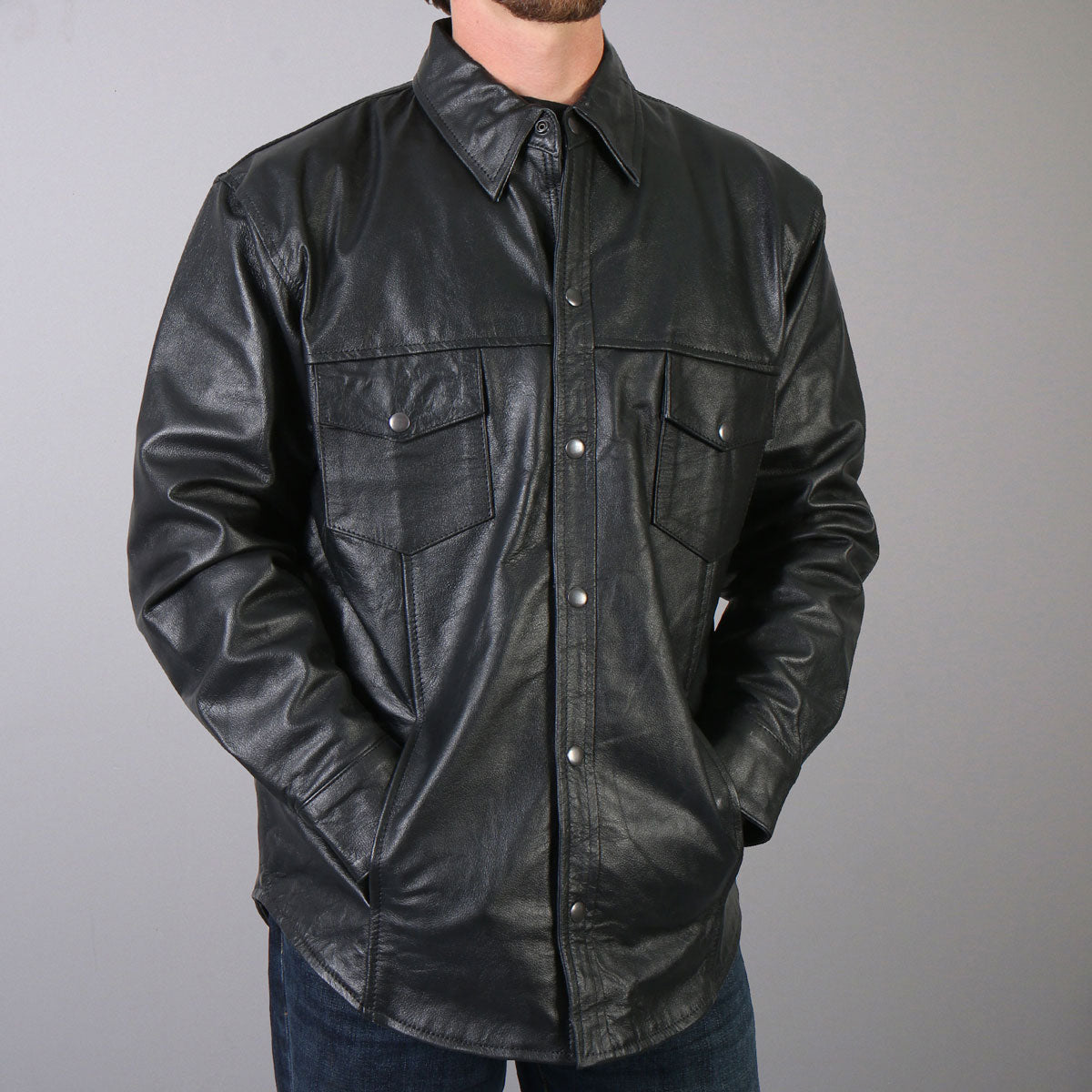 Hot Leathers LCS1001 Menâ€™s Classic Black Fashion Leather Shirt with Multiple Pockets