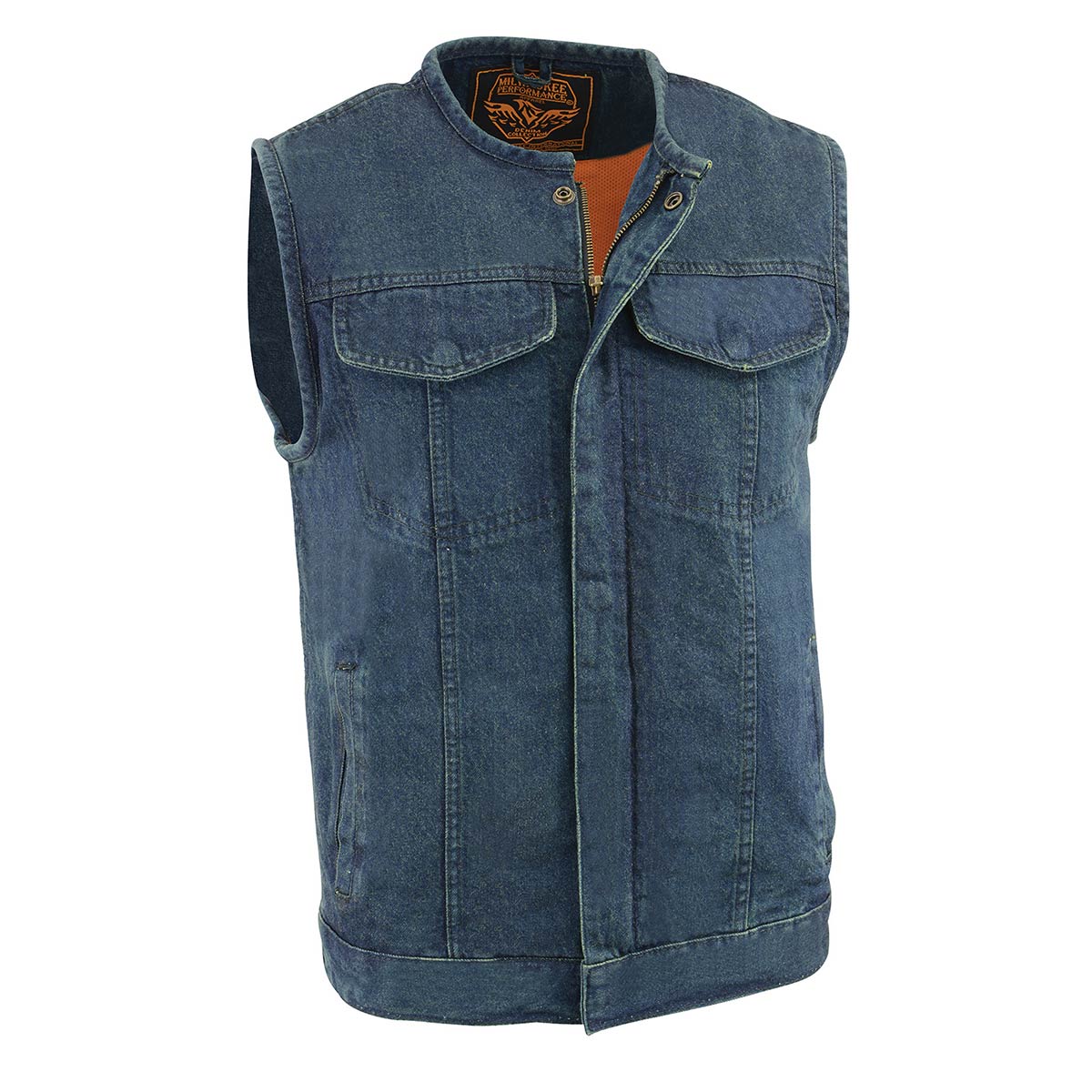 Collarless denim vest hotsell