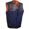 Milwaukee Leather MDM3004 Men's 'Brute' Concealed Snap Blue Denim and Black Leather Club Style Vest w/ Hidden Zipper