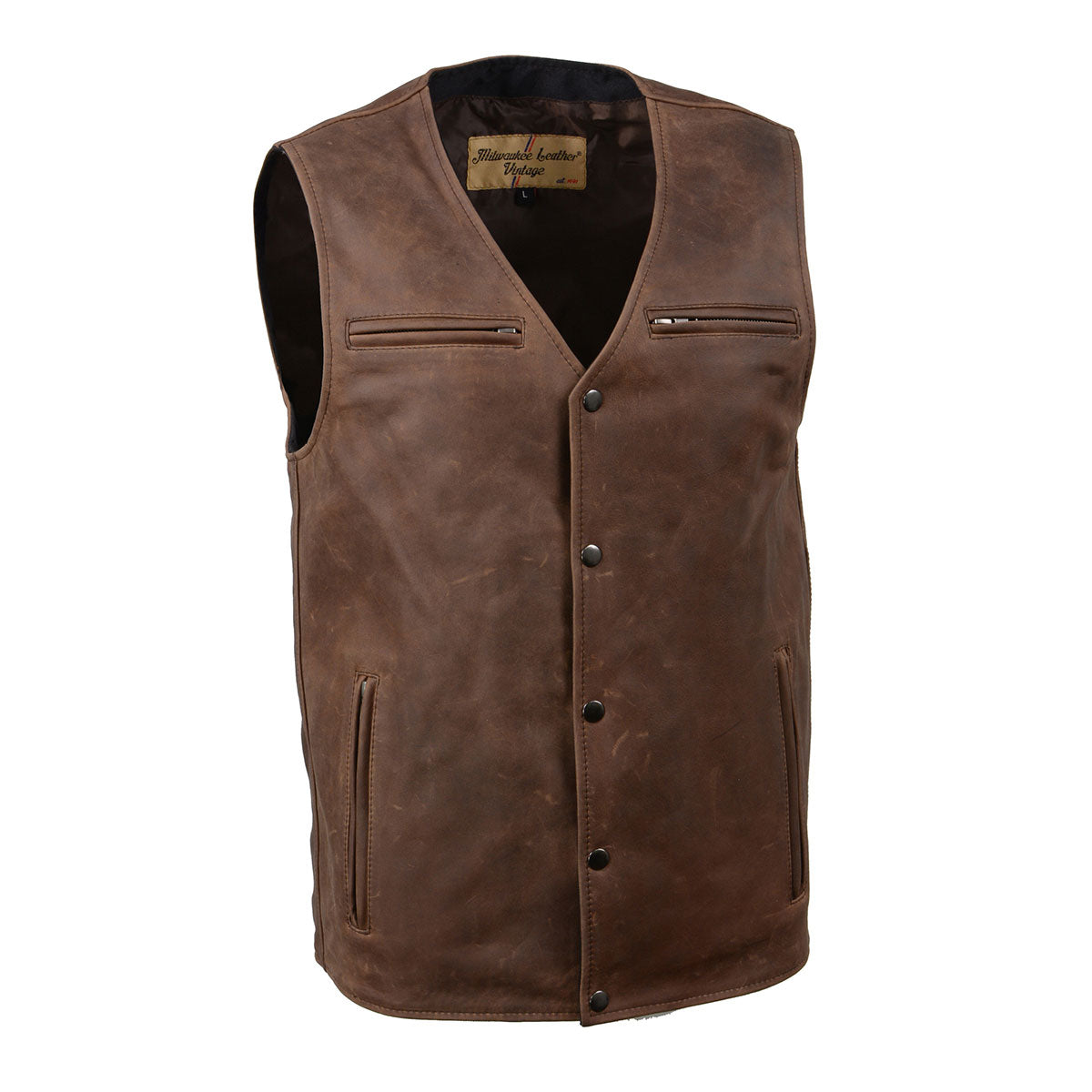 Milwaukee Leather MLM3518 Men's Gambler Snap Front Vintage Crazy Horse  Brown Motorcycle Leather Vest