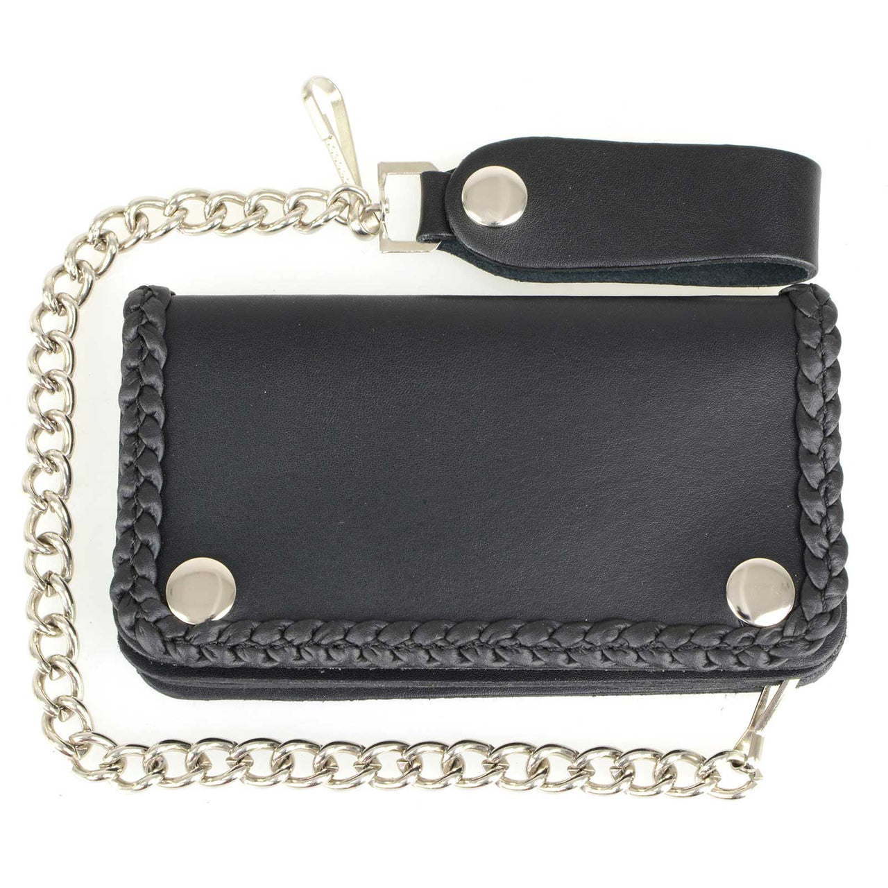 Milwaukee Leather MLW7881 Men's 6” Long Leather “Braided” Bi-Fold Biker Wallet w/ Anti-Theft Stainless Steel Chain