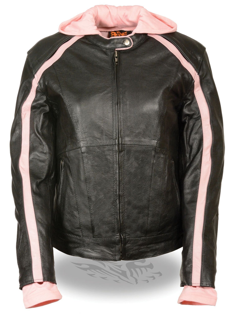 Milwaukee Leather SH1951 Women's Black and Pink Striped Leather Jacket with Zip-Out Hoodie