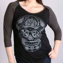 Hot Leathers GLC3352 Sugar Skull Black and Heather Grey 3/4 Sleeve Ladies Shirt