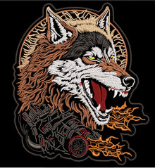 ML189412 Wolf with Wheel Embroidered Patch 12"X13.5" - HighwayLeather