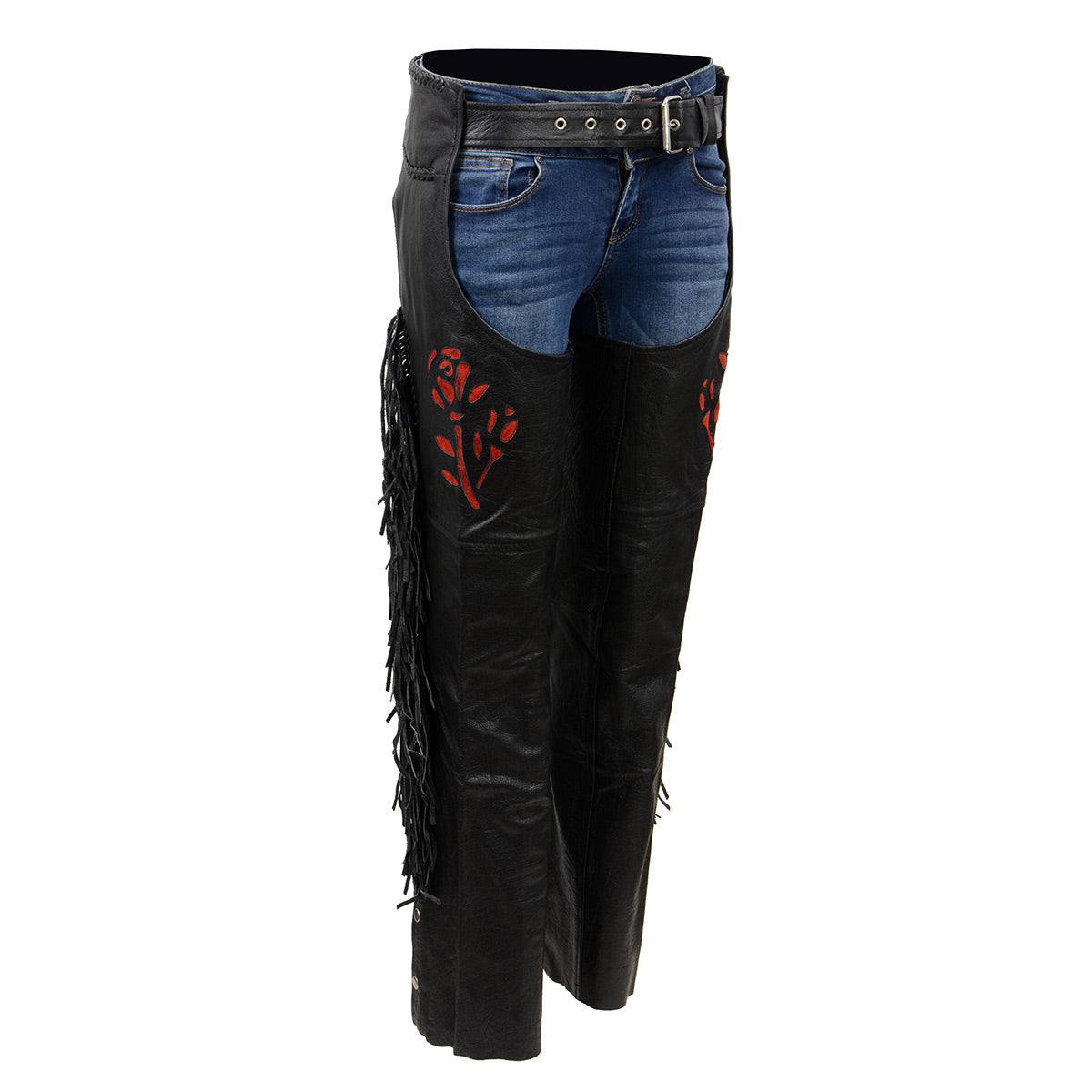 Milwaukee Leather SH1116 Women's Classic Braided & Fringed Black Leather Motorcycle Chaps w/ Red Rose Embroidery