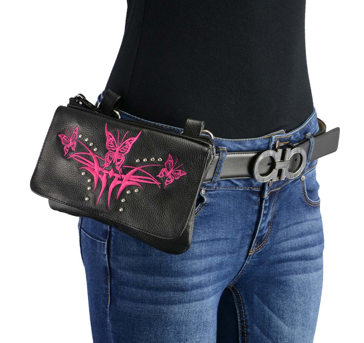 Milwaukee Leather MP8851 Women's Black and Pink Leather Multi Pocket Belt Bag