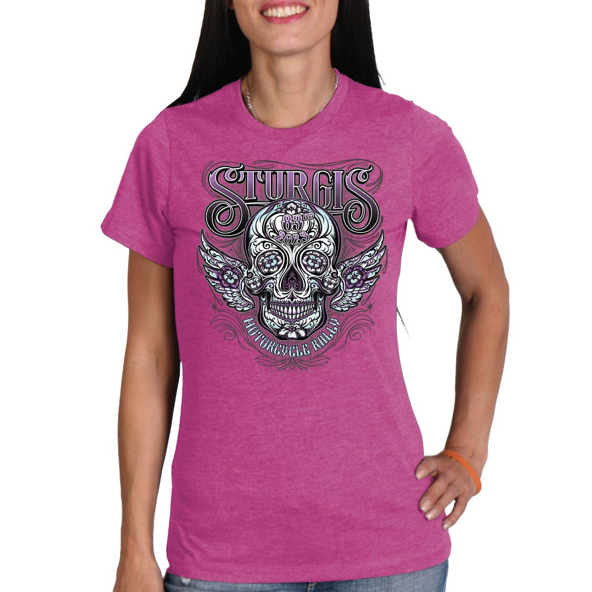 Hot Leathers SPL1828 Women's Heather Pink 2023 Sturgis Antique Sugar Skull T-Shirt