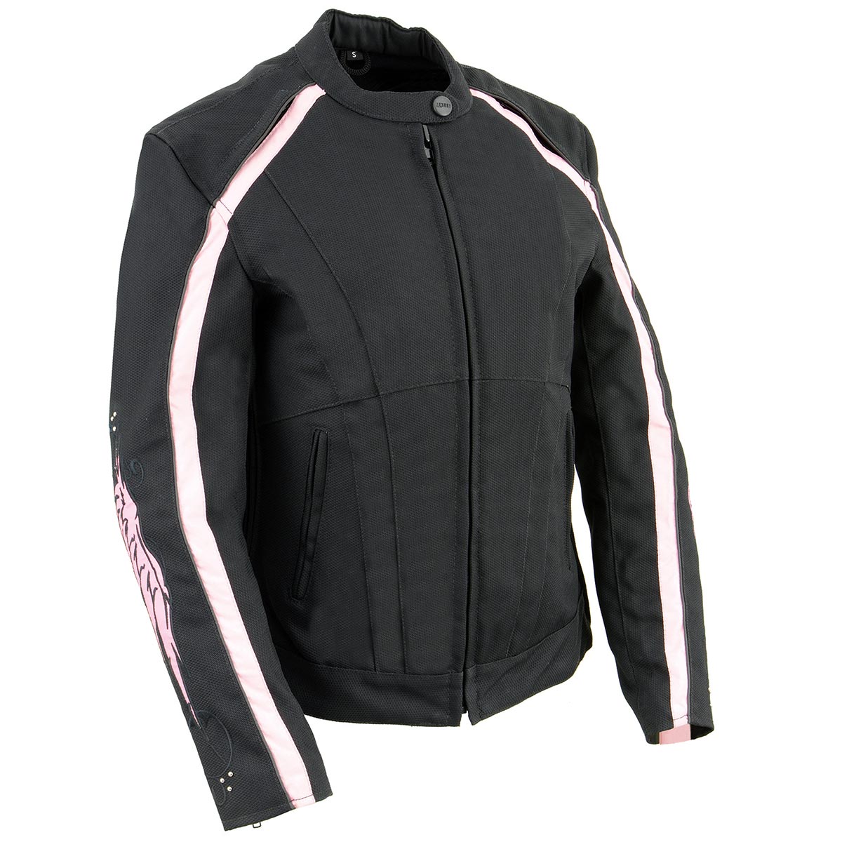 Milwaukee Leather SH1954 Women's Black and Pink Textile Jacket with Stud and Wings Detailing