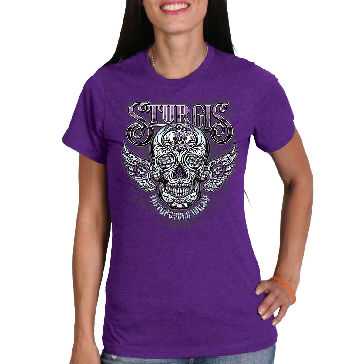 Hot Leathers SPL1829 Women's Heather Purple 2023 Sturgis Antique Sugar Skull T-Shirt