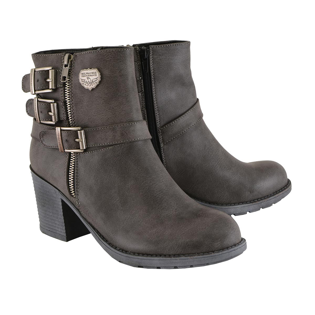 Milwaukee Leather MBL9406 Women's Stone Grey 3-Buckle Leather Boots with Platform Heel