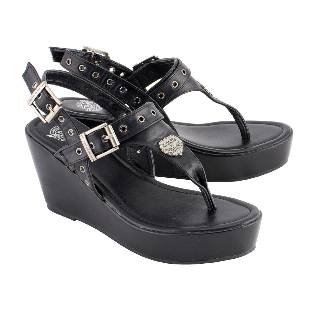 Milwaukee Performance MBL9411 Women's Black Wedge Sandals with Buckled Straps