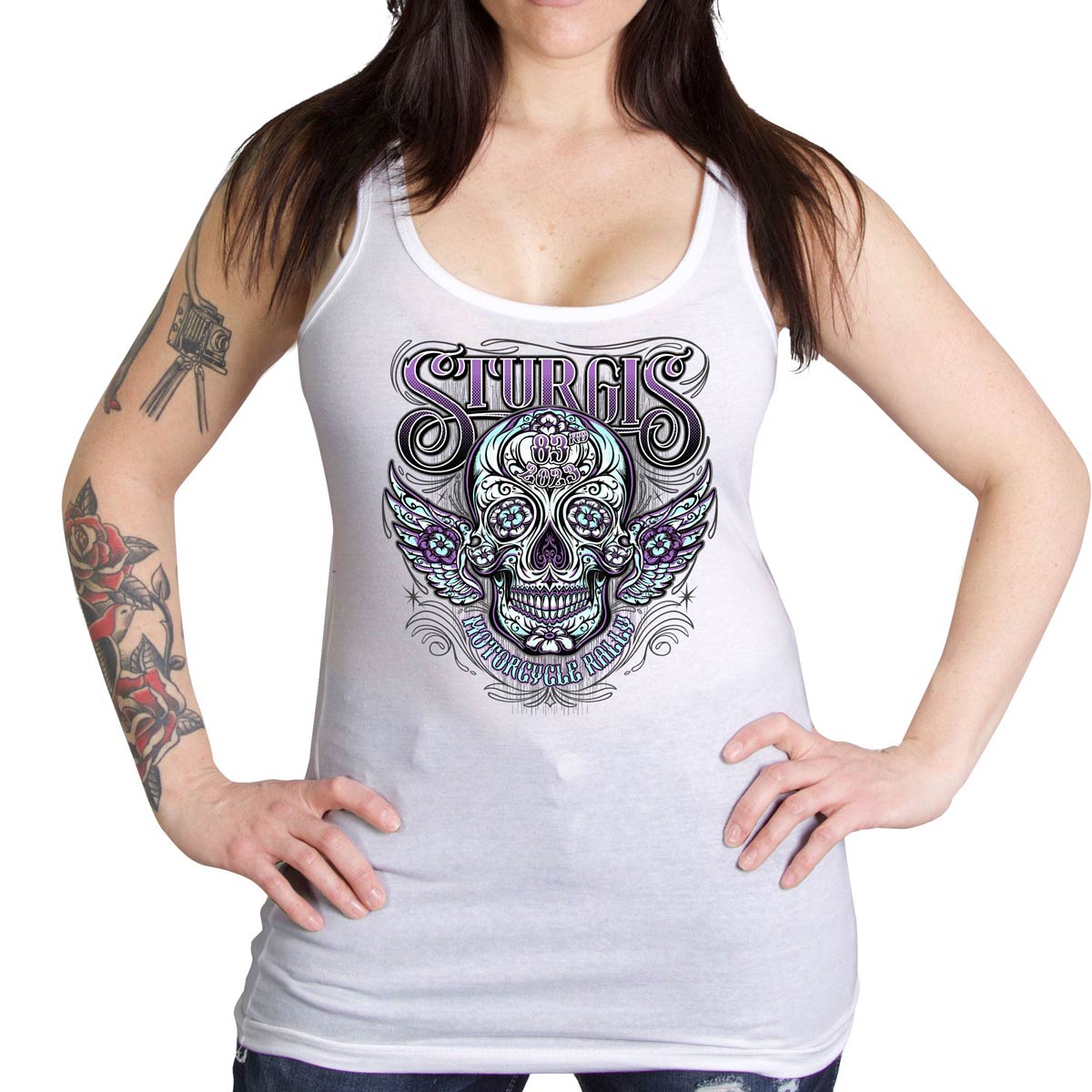 Hot Leathers SPL2861 Women's White 2023 Sturgis Antique Sugar Skull Tank Top